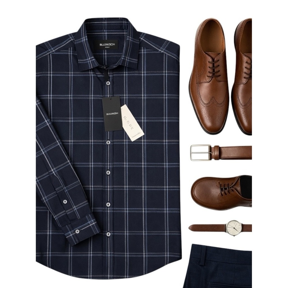 Bugatchi Shaped Fit Navy Blue Plaid Stretch Dress Shirt Long Sleeve XL NWT